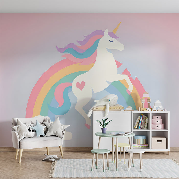 Papel pintado infantil | Unicornio encantado y arco iris pastel