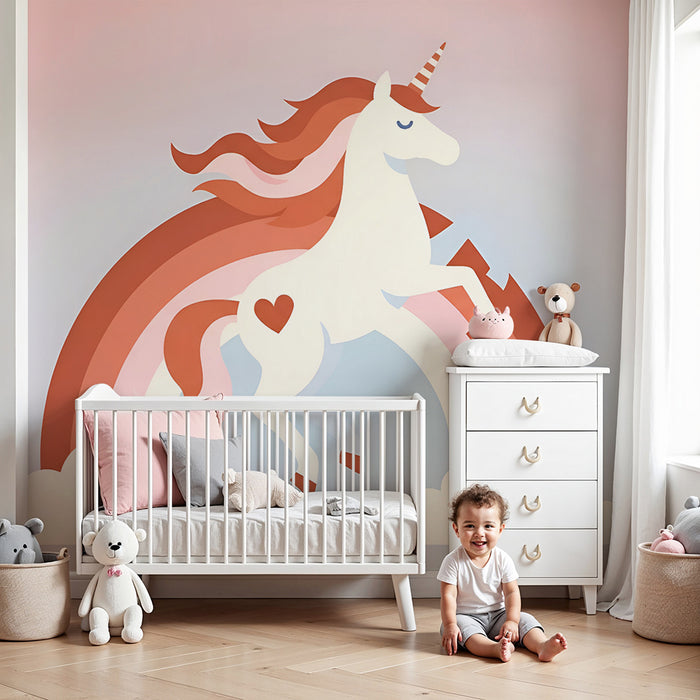 Papel pintado infantil | Unicornio encantado y arco iris rosa pastel