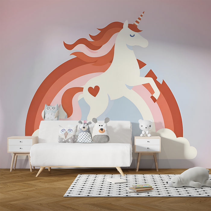 Papel pintado infantil | Unicornio encantado y arco iris rosa pastel