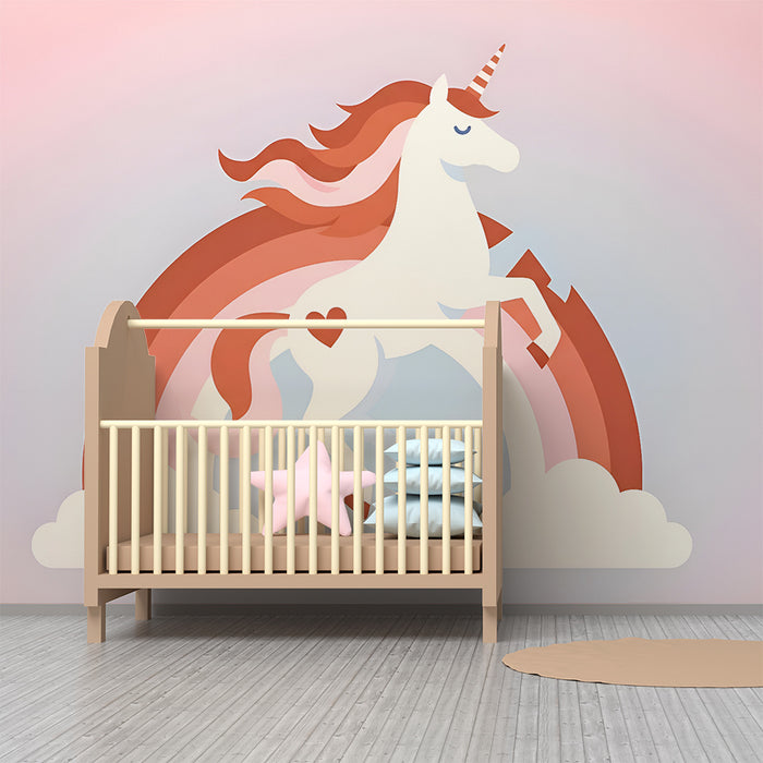 Papel pintado infantil | Unicornio encantado y arco iris rosa pastel