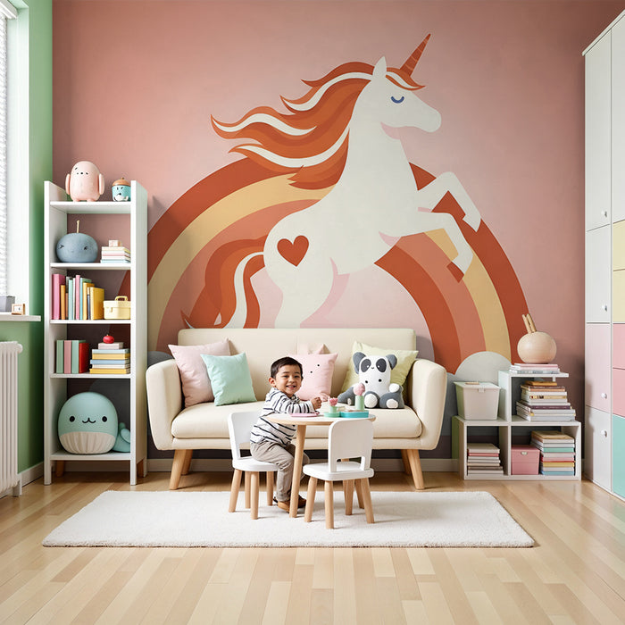 Papel de parede criança | Encantadora unicórnio e arco-íris pastel vermelho