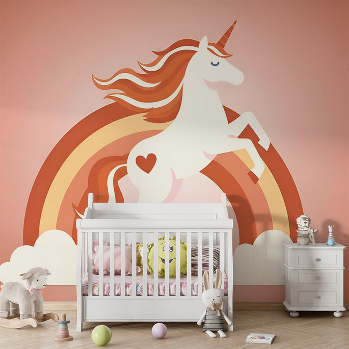 Papel de parede criança | Encantadora unicórnio e arco-íris pastel vermelho