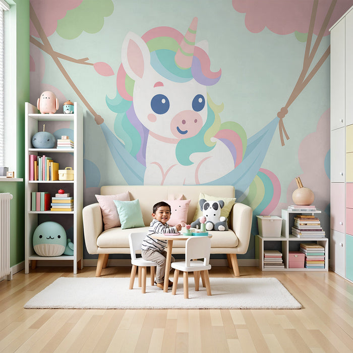 Lastenhuoneen tapetti | Vaaleanpastellinen yksisarvinen keinussa