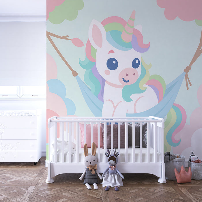 Lastenhuoneen tapetti | Vaaleanpastellinen yksisarvinen keinussa