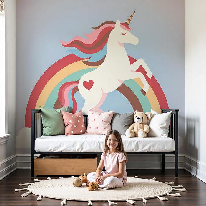 Papel pintado infantil | Unicornio encantado y arco iris