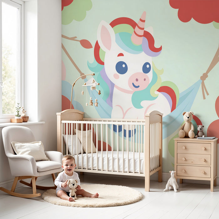Kinderzimmer Tapete | Regenbogen-Einhorn und bunte Wolken