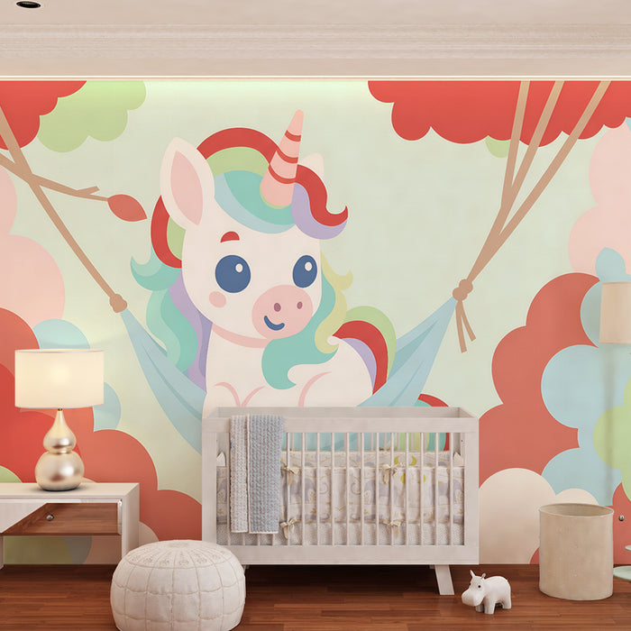 Kinderzimmer Tapete | Regenbogen-Einhorn und bunte Wolken