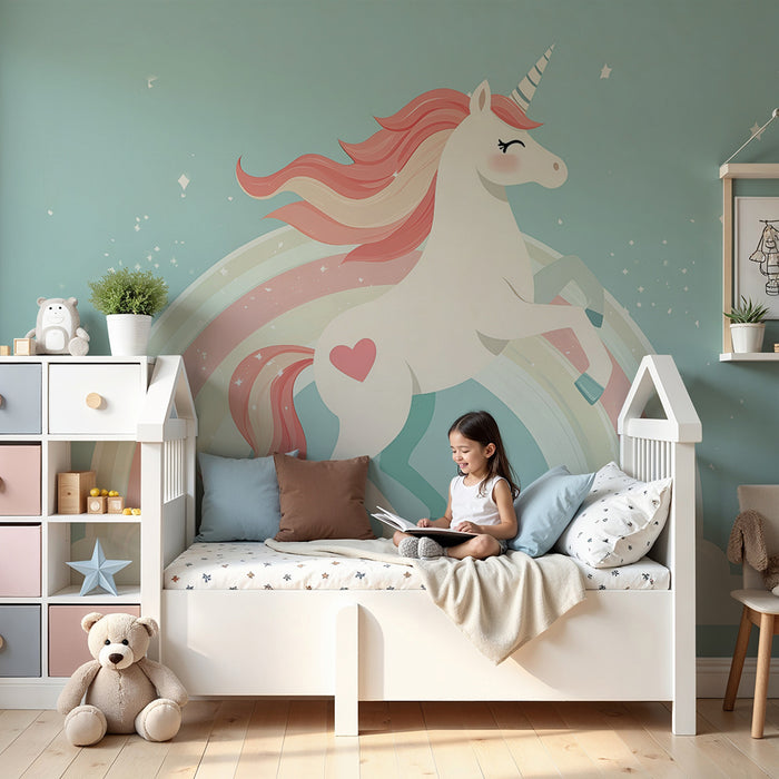 Papel pintado infantil | Unicornio encantado y arco iris azul pastel