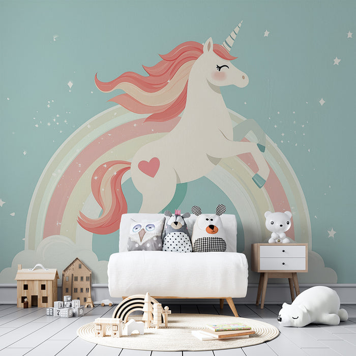 Papel pintado infantil | Unicornio encantado y arco iris azul pastel