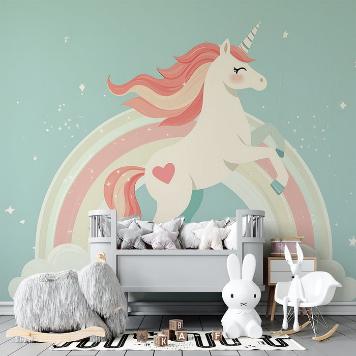Papel pintado infantil | Unicornio encantado y arco iris azul pastel