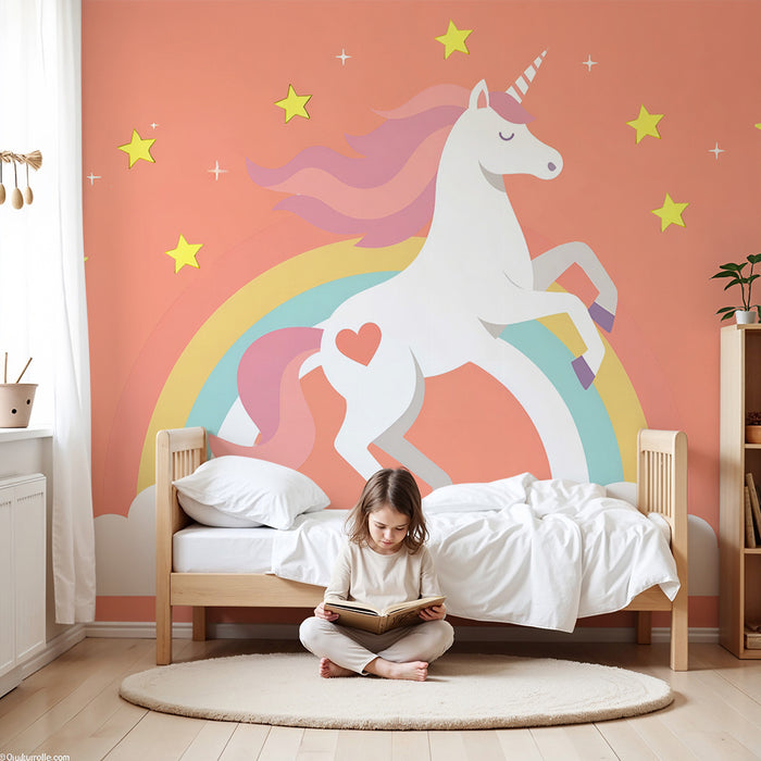 Papel pintado infantil | Unicornio y arco iris mágico