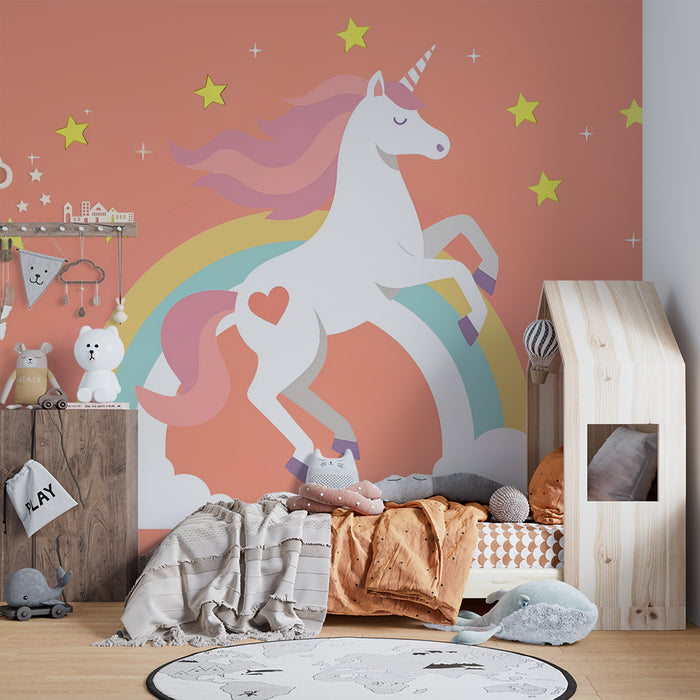 Papel pintado infantil | Unicornio y arco iris mágico