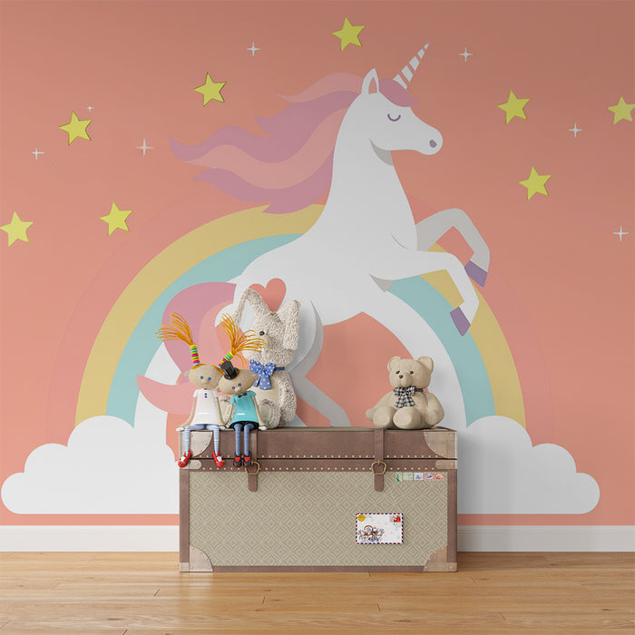 Papel pintado infantil | Unicornio y arco iris mágico