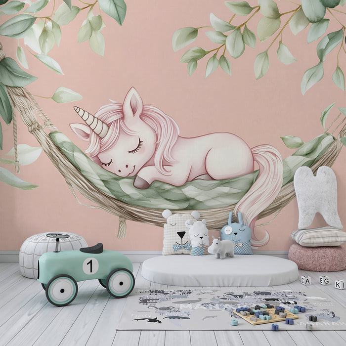 Lastenhuoneen tapetti | Nukkuva yksisarvinen riippumatossa