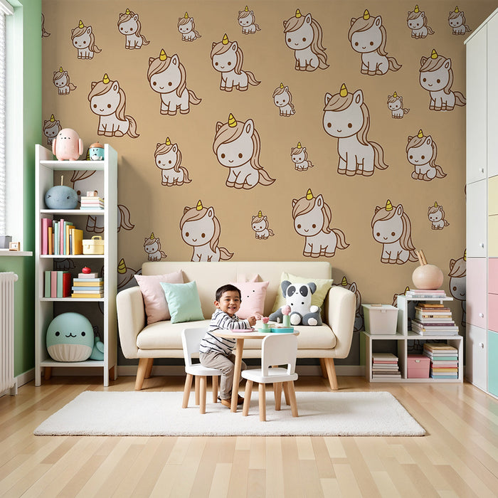 Barntapet | Bedårande enhörningar på beige bakgrund