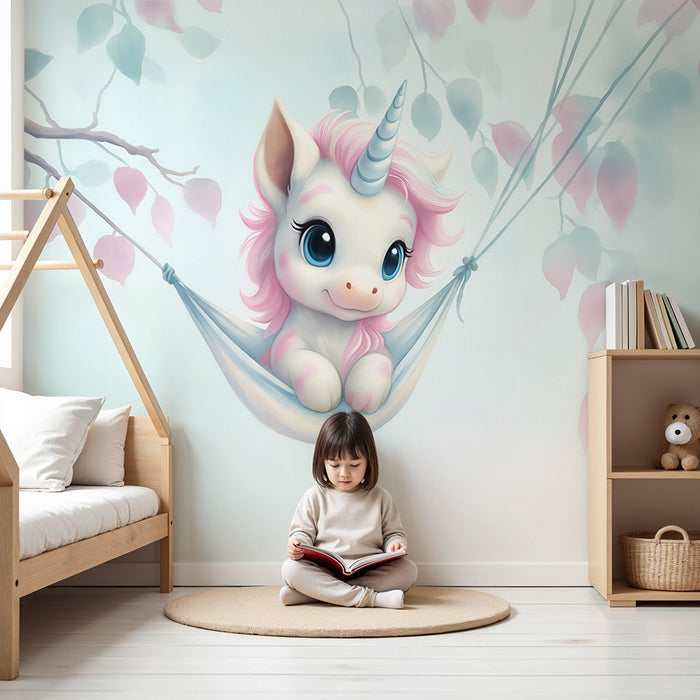 Papier peint chambre bébé | Licorne douce dans un hamac