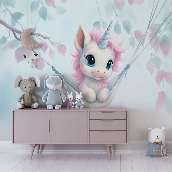 Papier peint chambre bébé | Licorne douce dans un hamac