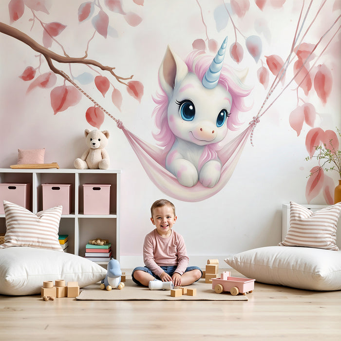 Babykamer behang | Delicate eenhoorn en roze bladeren