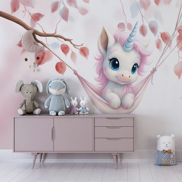 Babykamer behang | Delicate eenhoorn en roze bladeren