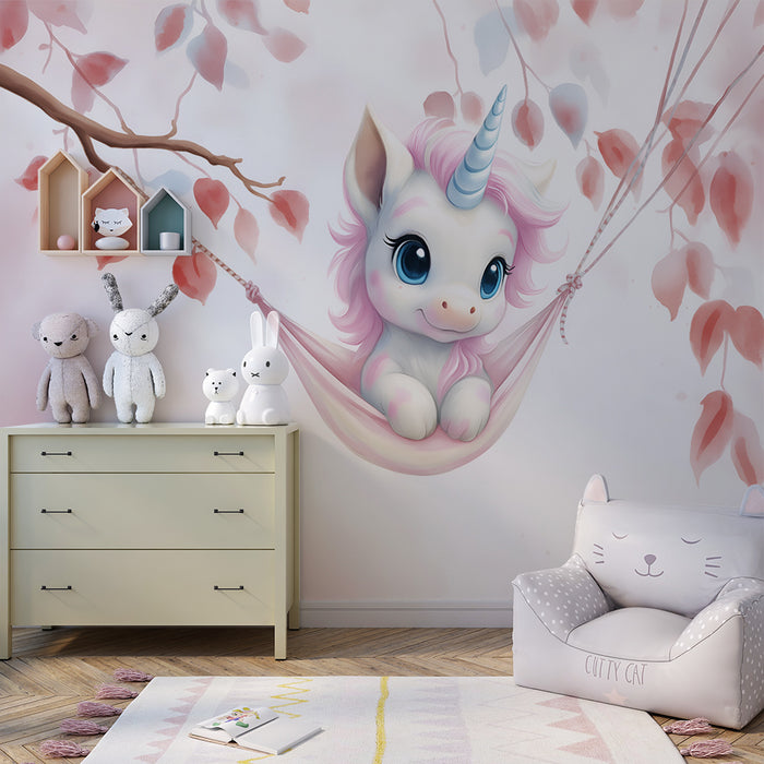 Babykamer behang | Delicate eenhoorn en roze bladeren