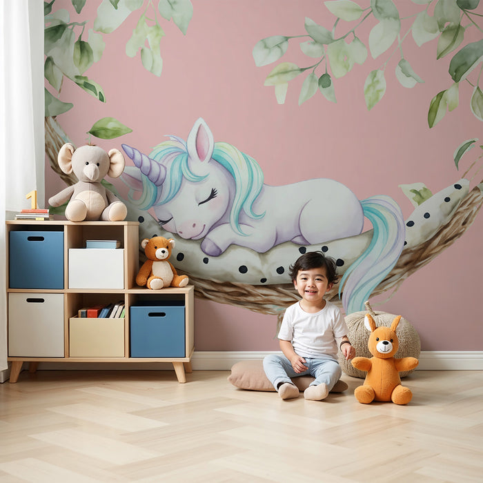 Papel pintado infantil | Unicornio dormido y follaje pastel
