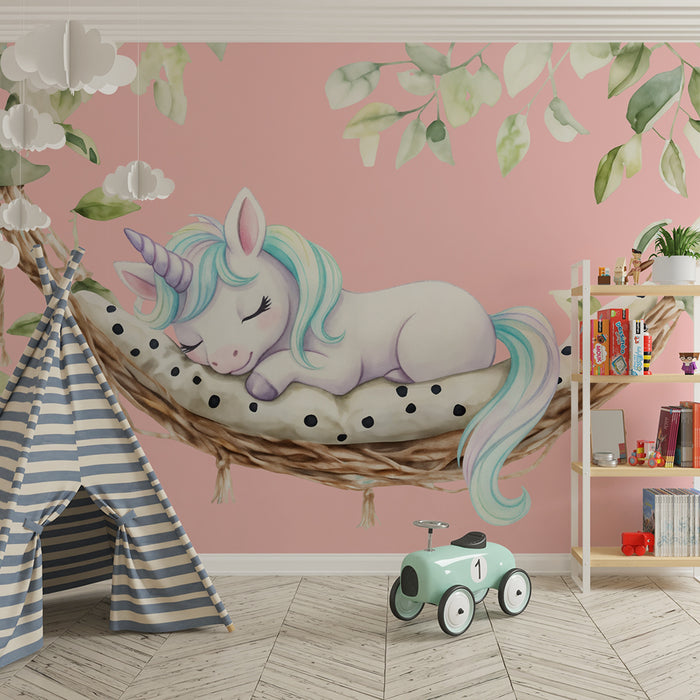 Papel pintado infantil | Unicornio dormido y follaje pastel