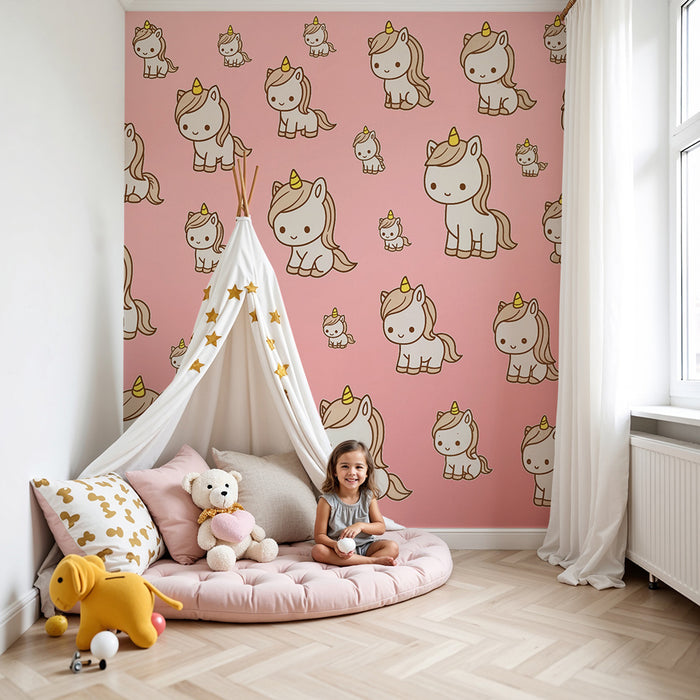 Lastenhuoneen tapetti | Söpöt yksisarviset vaaleanpunaisella taustalla