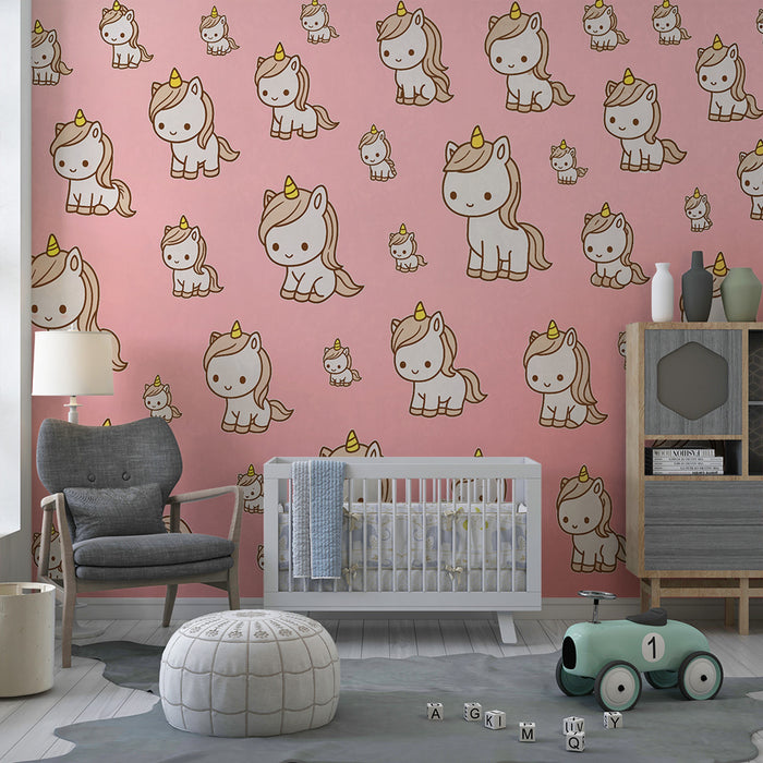 Lastenhuoneen tapetti | Söpöt yksisarviset vaaleanpunaisella taustalla