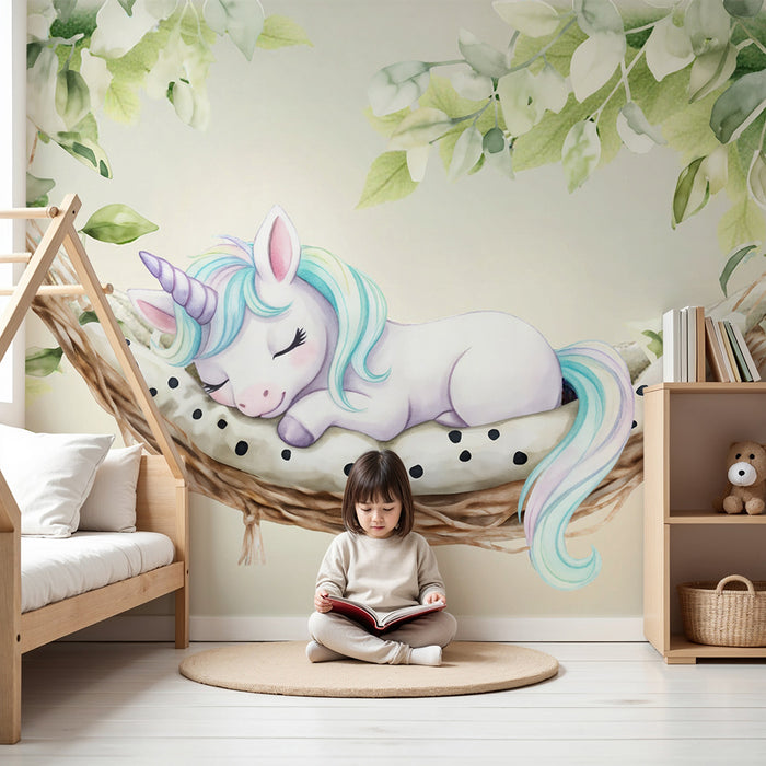 Papier peint chambre bébé | Licorne rêveuse et feuillage