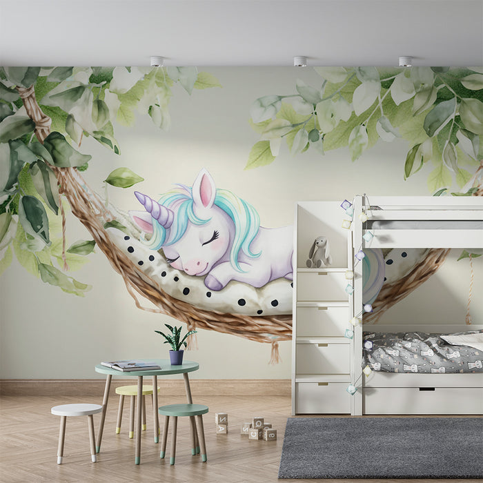 Papier peint chambre bébé | Licorne rêveuse et feuillage