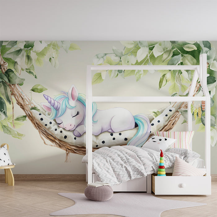 Papier peint chambre bébé | Licorne rêveuse et feuillage