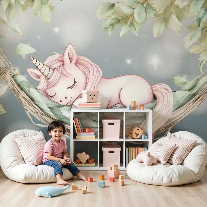 Papier peint chambre bébé | Licorne rêveuse sur hamac