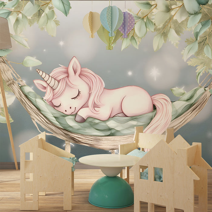Papier peint chambre bébé | Licorne rêveuse sur hamac