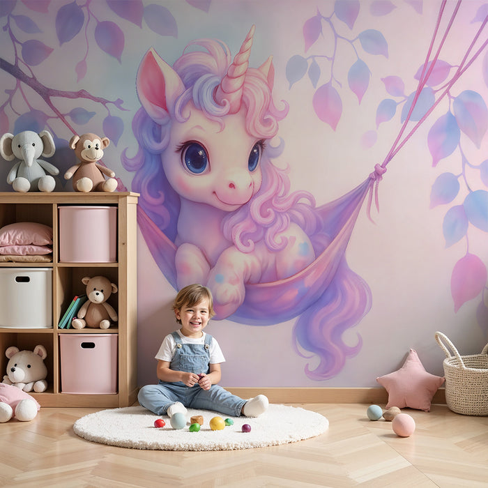 Papel pintado infantil | Unicornio encantado y hojas pastel