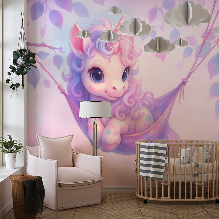 Papel pintado infantil | Unicornio encantado y hojas pastel