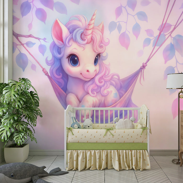 Papel pintado infantil | Unicornio encantado y hojas pastel