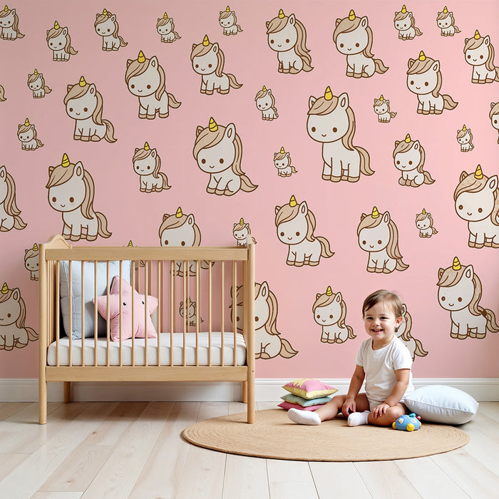 Papier peint chambre enfant | Licornes adorables sur fond rose
