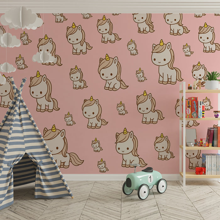 Papier peint chambre enfant | Licornes adorables sur fond rose