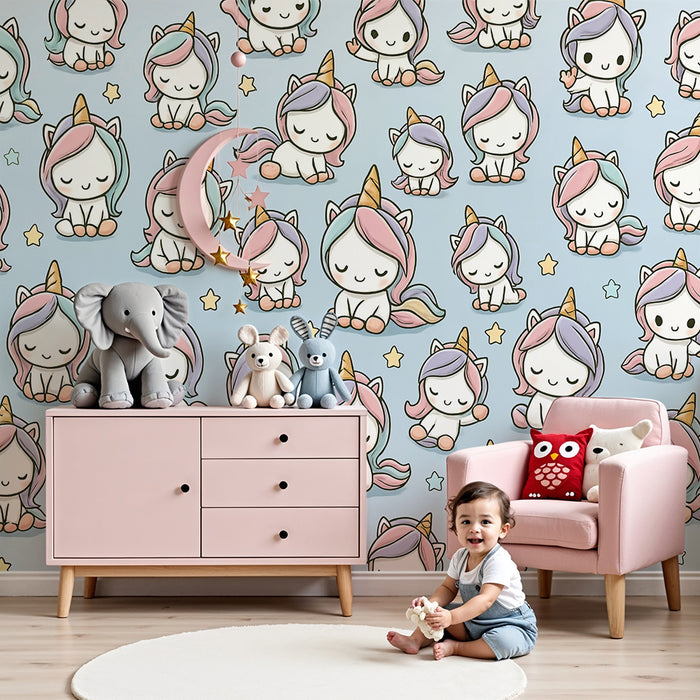 Papier peint chambre bébé | Licornes mignonnes et étoiles pastel