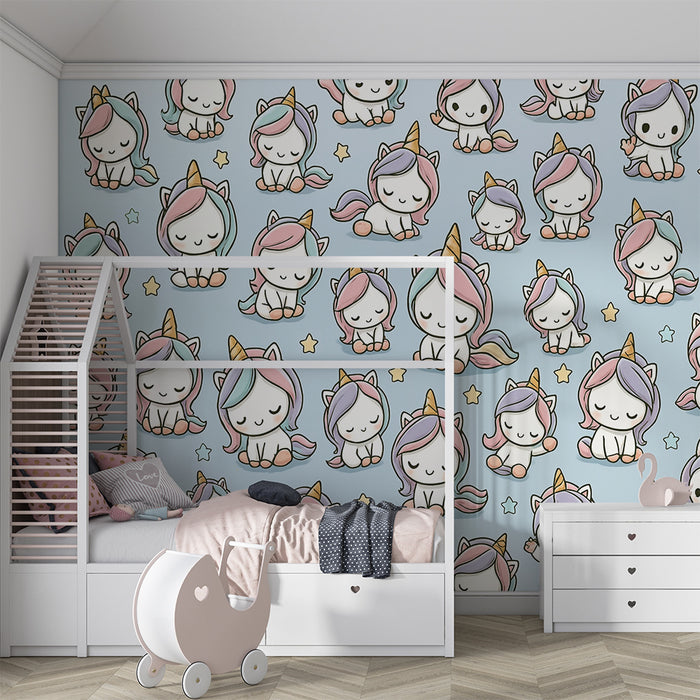 Papier peint chambre bébé | Licornes mignonnes et étoiles pastel