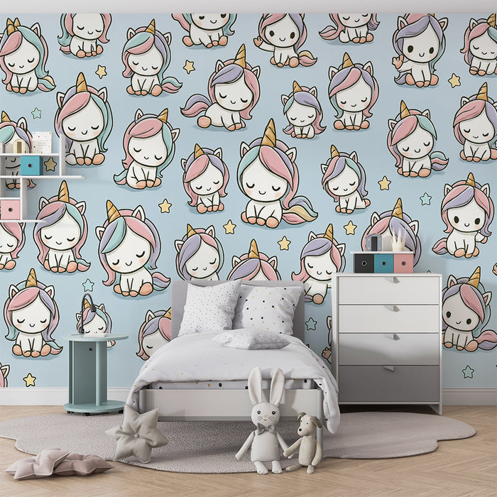 Papier peint chambre bébé | Licornes mignonnes et étoiles pastel