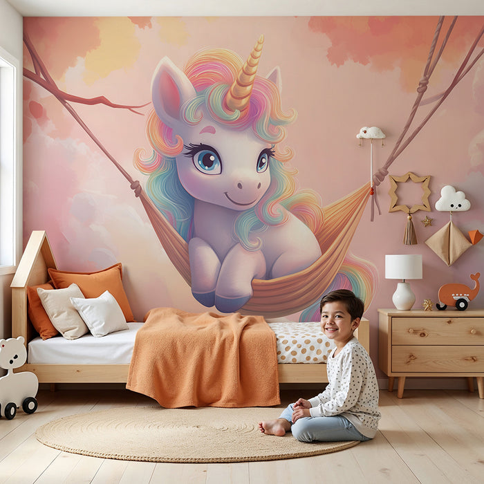 Babykamer behang | Betoverende eenhoorn en pastelkleurige wolken