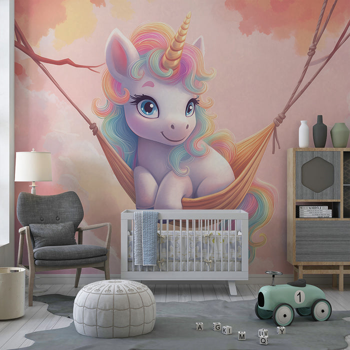 Babykamer behang | Betoverende eenhoorn en pastelkleurige wolken