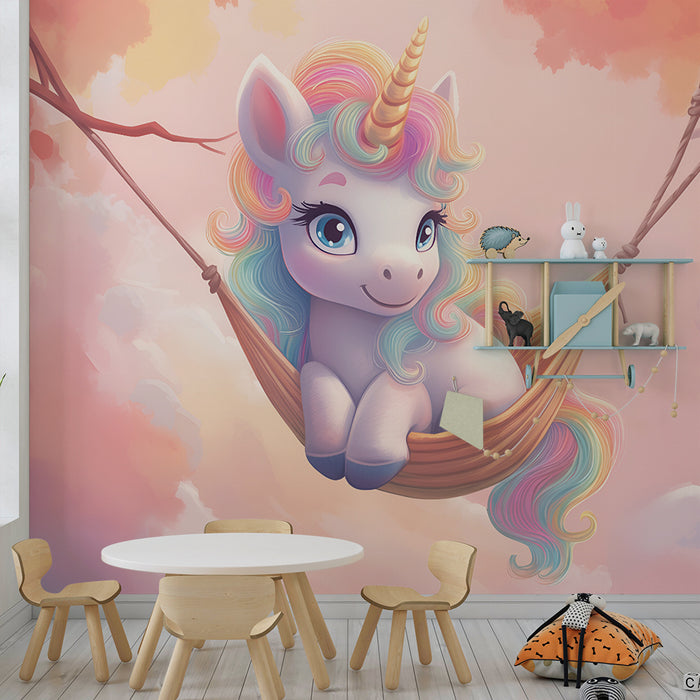 Babykamer behang | Betoverende eenhoorn en pastelkleurige wolken