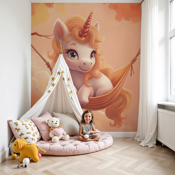 Papier peint chambre enfant | Licorne rêveuse sur une balançoire