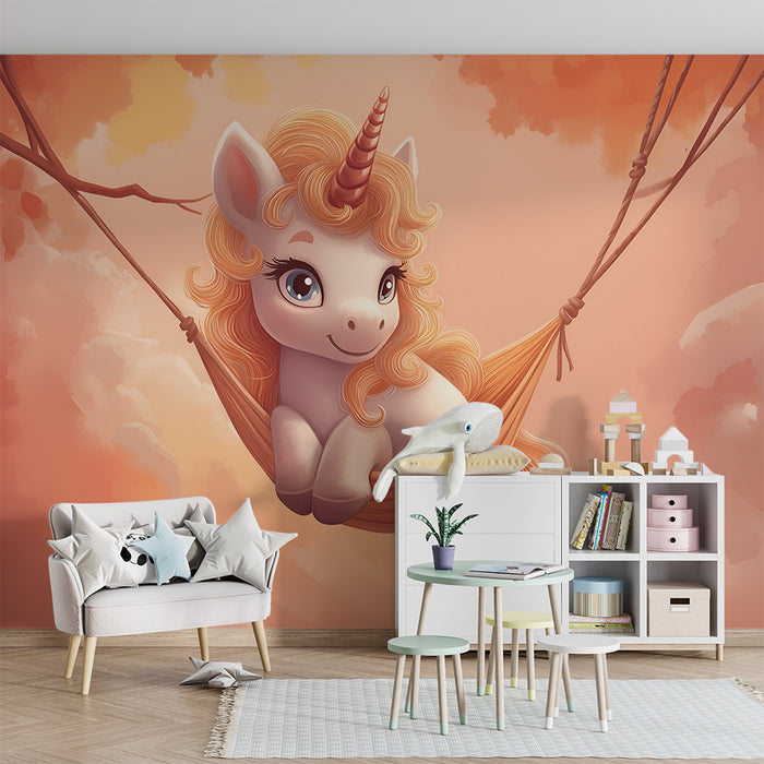 Papier peint chambre enfant | Licorne rêveuse sur une balançoire