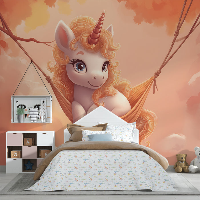 Papier peint chambre enfant | Licorne rêveuse sur une balançoire