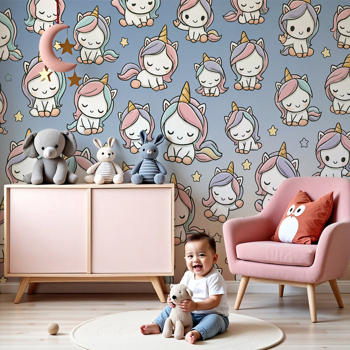 Tapet barnerom | Pastell enhjørninger og blå stjerner