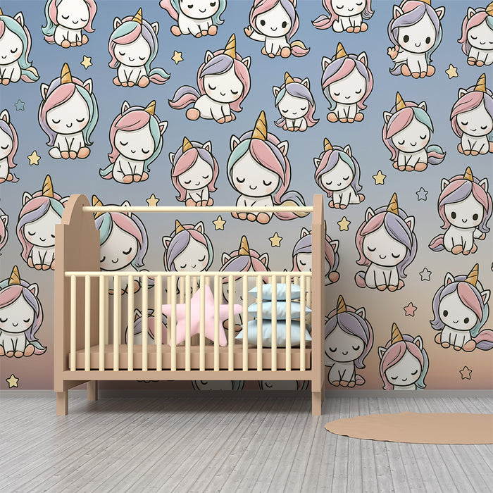 Tapet barnerom | Pastell enhjørninger og blå stjerner