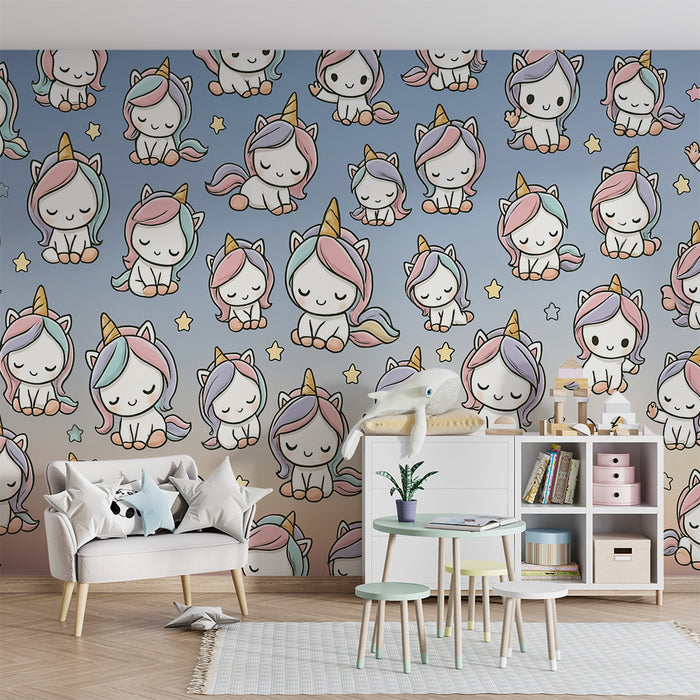 Tapet barnerom | Pastell enhjørninger og blå stjerner
